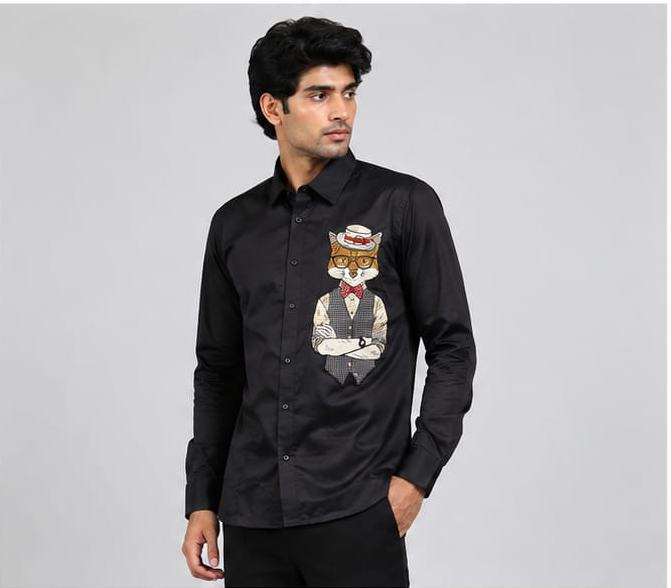 Mens designer shirt fox embroiery black bass shirt
